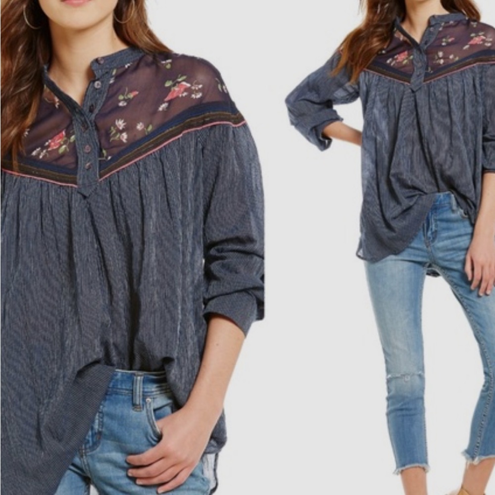 Free People hearts and colors Navy Sheer Floral Tunic